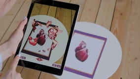 Woman using tablet device with augmented reality app - 3d model of human heart