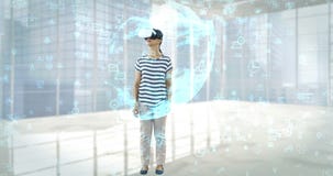 Woman using virtual reality headset with digitally generated business icons 4k