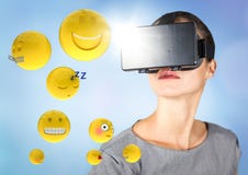 Woman in VR with emojis and flares against blue background stock illustration Woman in VR with emojis and flares against blue background stock illustration