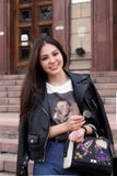 Woman Wearing Black Leather Jacket Holding Leather Handbag Stock Image Woman Wearing Black Leather Jacket Holding Leather Handbag Stock Image