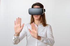 Woman wearing 3D viewer reaching for something royalty free stock images Woman wearing 3D viewer reaching for something royalty free stock images