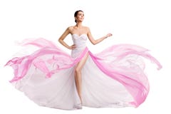 Woman White Pink Dress flying on Wind. Fashion Model in Chiffon Long Slit Bride Gown over White isolated Background