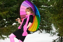 Woman With Color Umbrella In Winter Royalty Free Stock Photos