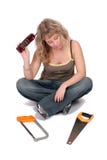 Woman With Phone And Saw Stock Photography