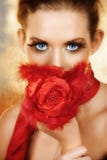 Woman With Red Silk Rose Stock Photo