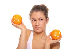Woman With Two Oranges Different Emotions Royalty Free Stock Photos