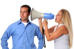 Woman Yelling at Man. Young woman using megaphone to communicate to uninterested man Woman Yelling at Man. Young woman using megaphone to communicate to uninterested man