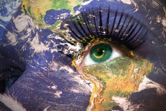 Womans face with planet Earth texture and mauritania flag inside the eye. stock photos Womans face with planet Earth texture and mauritania flag inside the eye. stock photos