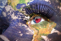 Womans face with planet Earth texture and texas state flag inside the eye. royalty free stock photo Womans face with planet Earth texture and texas state flag inside the eye. royalty free stock photo