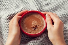 Womans hands holding a cup of hot cocoa or hot chocolate on knitted background, traditional beverage for winter time stock photography Womans hands holding a cup of hot cocoa or hot chocolate on knitted background, traditional beverage for winter time stock photography
