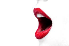 Womans mouth wide open with red lipstick.
