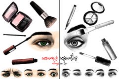 Women`s eyes surrounded by cosmetics and makeup brushes composition with the inscription a lot of eyes with different emotions vector illustration Women`s eyes surrounded by cosmetics and makeup brushes composition with the inscription a lot of eyes with different emotions vector illustration