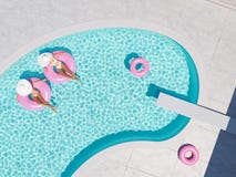 Women swimming on float in a pool. 3d rendering stock photo Women swimming on float in a pool. 3d rendering stock photo