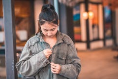 A Women wear jacket and smile and she is travel stock photos A Women wear jacket and smile and she is travel stock photos