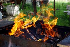 Wood fire for the barbecue in the yard stock photo Wood fire for the barbecue in the yard stock photo