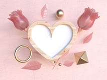 Levitation objects wood frame heart shape 3d rendering pink rose valentine love concept vector illustration Levitation objects wood frame heart shape 3d rendering pink rose valentine love concept vector illustration