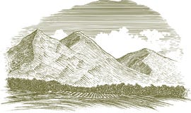 Woodcut Rural Mountain Scene vector illustration Woodcut Rural Mountain Scene vector illustration