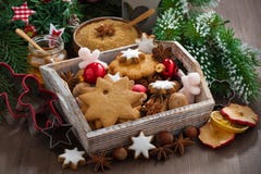 Wooden Box With Christmas Cookies On The Table Royalty Free Stock Image
