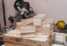 Wooden boxes, blanks in the carpentry workshop. Wood products. M
