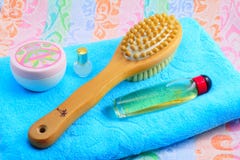 Wooden Brush With A Handle For Body Massage , Towel And Objects Stock Photos Wooden Brush With A Handle For Body Massage , Towel And Objects Stock Photos