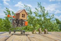 Wooden house on a shopping cart with money coins. Against the background of green trees and sky. Stock Image Wooden house on a shopping cart with money coins. Against the background of green trees and sky. Stock Image