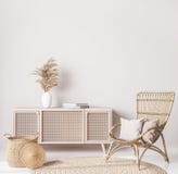 Wooden natural furniture in Scandinavian living room design, interior wall mock up