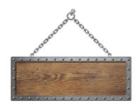Wooden sign board with metal chain isolated stock image Wooden sign board with metal chain isolated stock image
