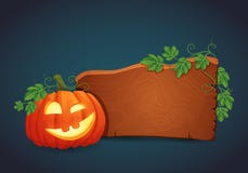 Wooden signboard with happy grinning halloween pumpkin illuminated from the inside. royalty free illustration Wooden signboard with happy grinning halloween pumpkin illuminated from the inside. royalty free illustration