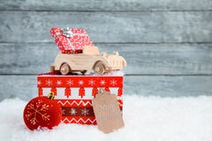 Wooden Toy Car With A Small Gift On The Christmas Box. Christmas And New Year Concept Royalty Free Stock Photos