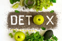 Word detox is made from chia seeds. Green smoothies and ingredie stock photos Word detox is made from chia seeds. Green smoothies and ingredie stock photos