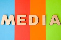 Word Media composed of 3D letters is in background of 4 colors: blue, red, orange and green. Concept of media as tools used to sto stock image Word Media composed of 3D letters is in background of 4 colors: blue, red, orange and green. Concept of media as tools used to sto stock image