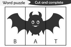 Word puzzle, bat in cartoon style, halloween education game for development of preschool children, use scissors, cut parts of the royalty free illustration Word puzzle, bat in cartoon style, halloween education game for development of preschool children, use scissors, cut parts of the royalty free illustration