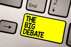 Word writing text The Big Debate. Business concept for Lecture Speech Congress presentation Arguments Differences Keyboard yellow royalty free stock image Word writing text The Big Debate. Business concept for Lecture Speech Congress presentation Arguments Differences Keyboard yellow royalty free stock image