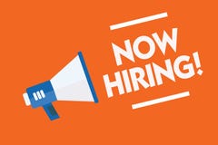 Word writing text Now Hiring. Business concept for announcing that certain company seeking for new talents Megaphone loudspeaker o stock illustration Word writing text Now Hiring. Business concept for announcing that certain company seeking for new talents Megaphone loudspeaker o stock illustration