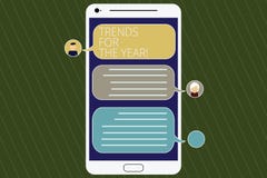 Word writing text Trends For The Year. Business concept for Modern trendy styles new designs fashion industry Mobile. Messenger Screen with Chat Heads and Blank stock illustration Word writing text Trends For The Year. Business concept for Modern trendy styles new designs fashion industry Mobile. Messenger Screen with Chat Heads and Blank stock illustration