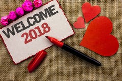 Word writing text Welcome 2018. Business concept for Celebration New Celebrate Future Wishes Gratifying Wish written on Cardboard Stock Photo Word writing text Welcome 2018. Business concept for Celebration New Celebrate Future Wishes Gratifying Wish written on Cardboard Stock Photo