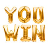 Words YOU WIN made of golden inflatable balloons isolated on white. Helium balloons gold foil letters. Message for winner,