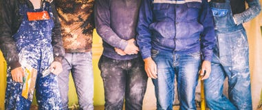 Workers and builders and foreman are as gang with dirty uniform are staying in apartment that is under construction, remodeling,r royalty free stock photos Workers and builders and foreman are as gang with dirty uniform are staying in apartment that is under construction, remodeling,r royalty free stock photos