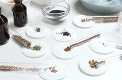 Workplace at the agro laboratory.Lot of various kinds of seeds befor testing at the scientist`s table royalty free stock photography Workplace at the agro laboratory.Lot of various kinds of seeds befor testing at the scientist`s table royalty free stock photography