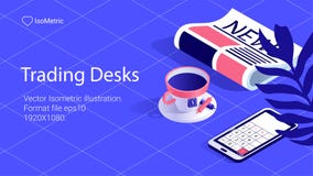 Workplace trader illustration, work desk banner, isometric illustration stock illustration Workplace trader illustration, work desk banner, isometric illustration stock illustration