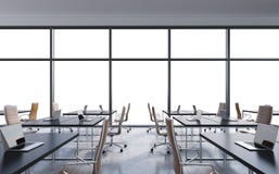 Workplaces in a modern panoramic office, copy space in the windows. Open space. White tables and brown leather chairs. stock illustration Workplaces in a modern panoramic office, copy space in the windows. Open space. White tables and brown leather chairs. stock illustration