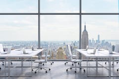 Workplaces in a modern panoramic office, New York city view from the windows. A concept of financial consulting services. vector illustration Workplaces in a modern panoramic office, New York city view from the windows. A concept of financial consulting services. vector illustration