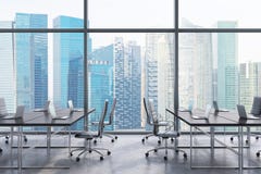 Workplaces in a modern panoramic office, Singapore city view from the windows. Open space. Black tables and black leather chairs. stock illustration Workplaces in a modern panoramic office, Singapore city view from the windows. Open space. Black tables and black leather chairs. stock illustration