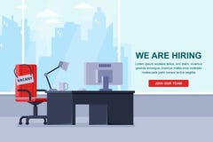 Workspace för anställd med kontorsstol och vakans undertecknar Rekrytering som hyr affärsidé också vektor för coreldrawillustrati royaltyfri illustrationer Workspace för anställd med kontorsstol och vakans undertecknar Rekrytering som hyr affärsidé också vektor för coreldrawillustrati royaltyfri illustrationer