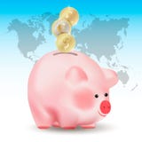 World currencies Dollar, Euro and Pound sterling golden coins falling into money pig bank. Conceptual realistic vector illustratio vector illustration World currencies Dollar, Euro and Pound sterling golden coins falling into money pig bank. Conceptual realistic vector illustratio vector illustration