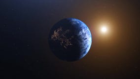 World 3D rendering. Earth video from satellite. City lights and night time, rising sun and shine. Flight over world and starry spa