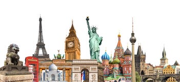 World landmarks photo collage isolated on white background, travel tourism and study around the world concept Stock Photos World landmarks photo collage isolated on white background, travel tourism and study around the world concept Stock Photos
