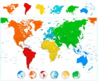 World map with colorful continents and 3D globes. stock illustration World map with colorful continents and 3D globes. stock illustration