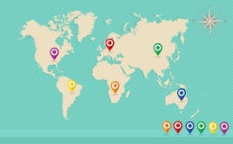 World map, geo position pins, wind rose EPS10 vector file. stock illustration World map, geo position pins, wind rose EPS10 vector file. stock illustration