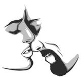 Wow couple. Happy young man and woman in profile stretch to each other for a kiss and speech bubble in form of stock illustration Wow couple. Happy young man and woman in profile stretch to each other for a kiss and speech bubble in form of stock illustration
